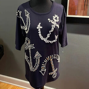 Victoria Harbor vintage navy beaded/ribbon/crystal/mirror anchor motif top. Sm